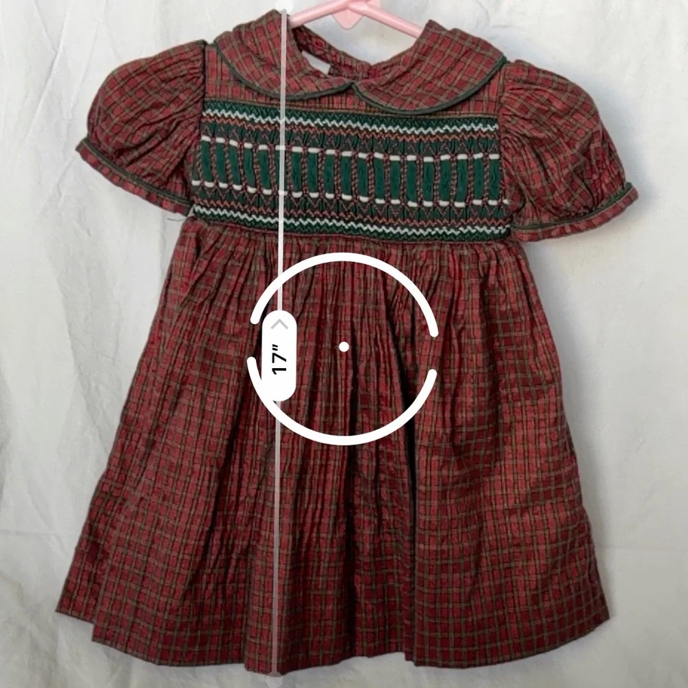 Girls' Pink Plaid Smocked Formal Dress with Green Yoke